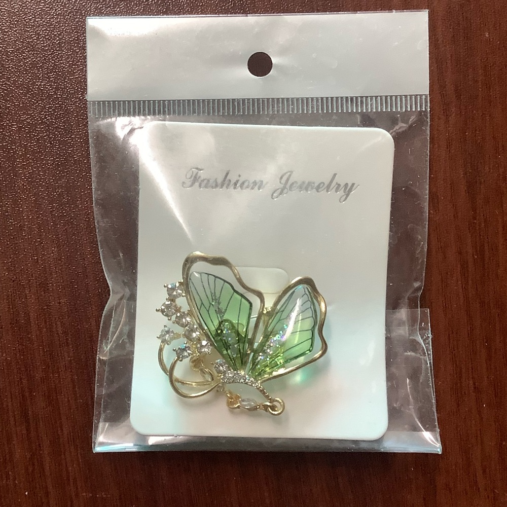 Green Golden Butterfly Fused with Firefly Brooch